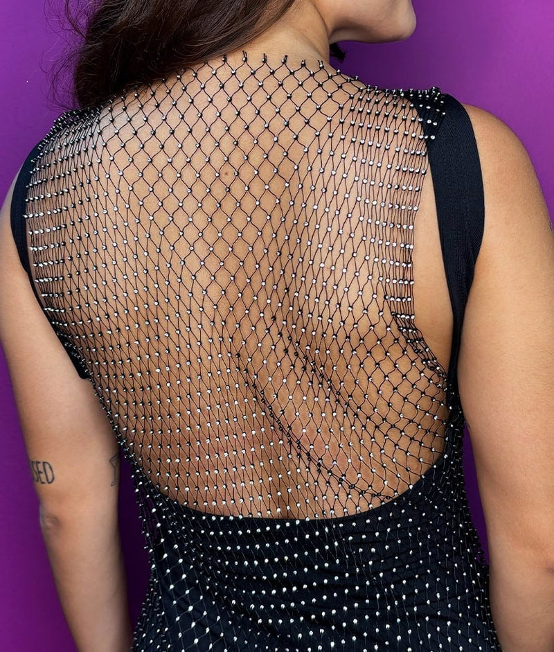 Vestido de Tela com Strass sem mangas